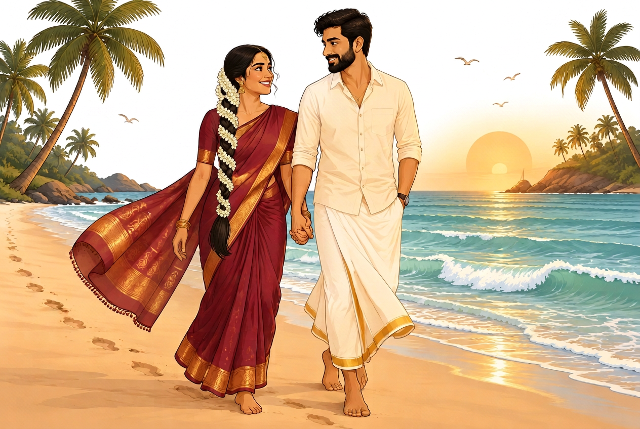 Illustration of Trupthi in a maroon saree and Nitin in a cream shirt and gold-bordered lungi walking barefoot along a golden-hour beach